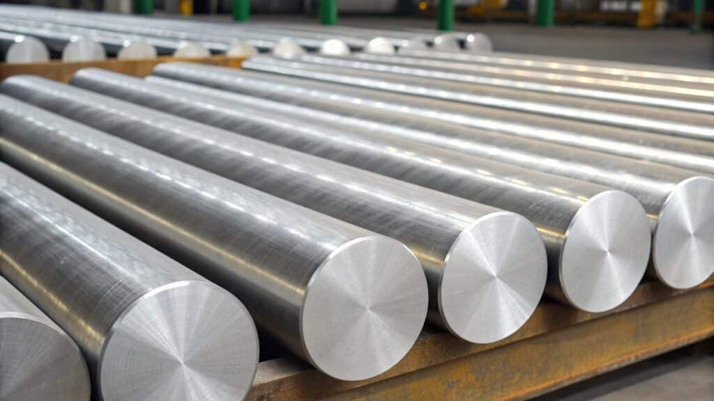 Three gleaming aluminum billets on a rack, clearly labeled 6061, 7075, and 2024, ready for the forge.